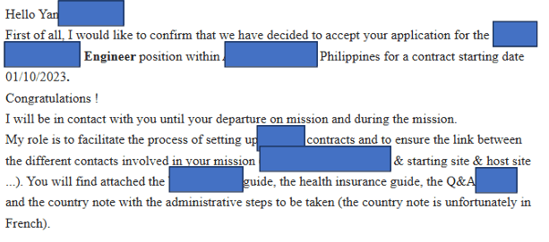 Email d’acceptation de candidature pour un poste aux Philippines